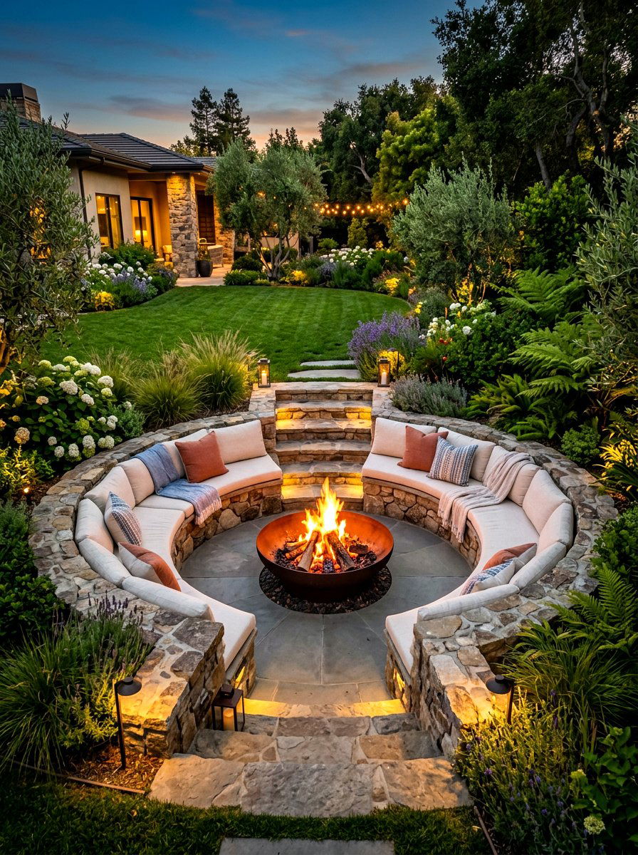 Sunken Fire Pit Lounge - 30 evening backyard lounge ideas