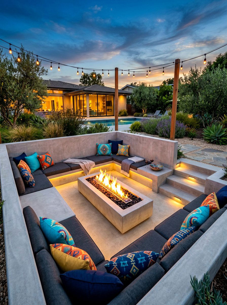 Sunken Fire Pit Seating - 30 warm minimalist backyard ideas