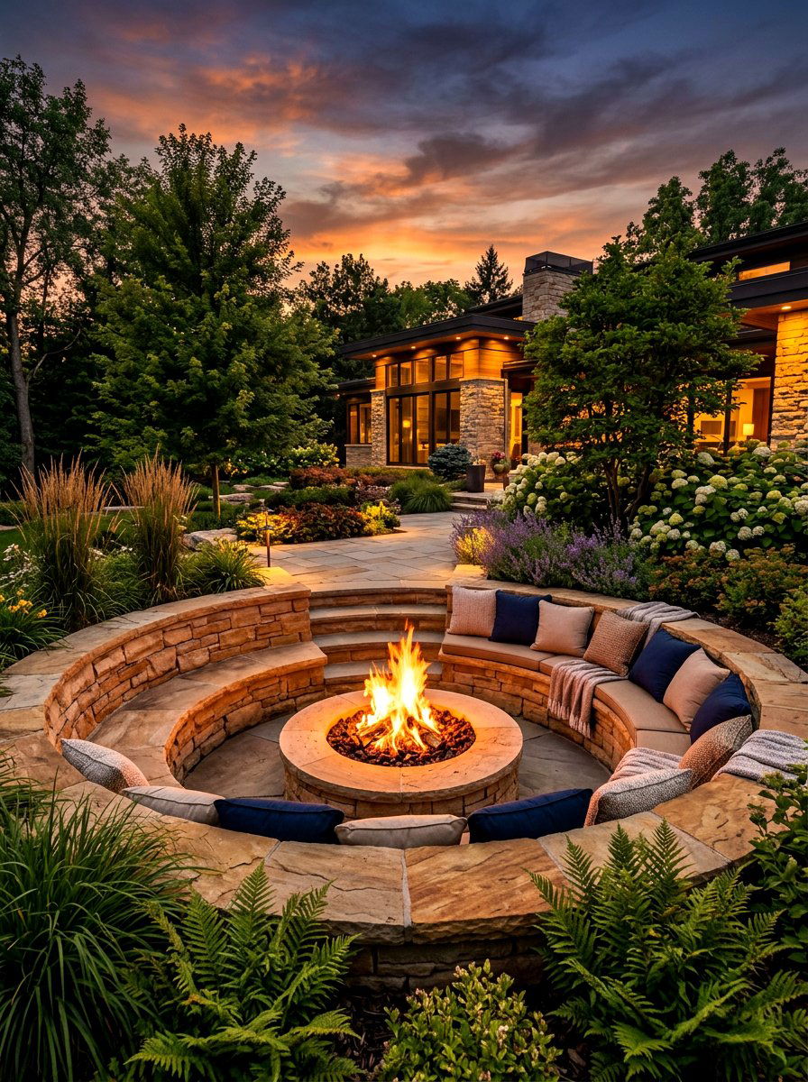 Sunken Fire Pit With Curved Seating - 30 curved bench garden ideas