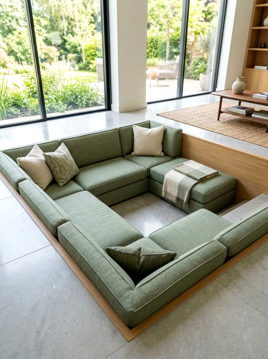 Sunken Floor With Custom Cushions - 30 conversation pit living room ideas
