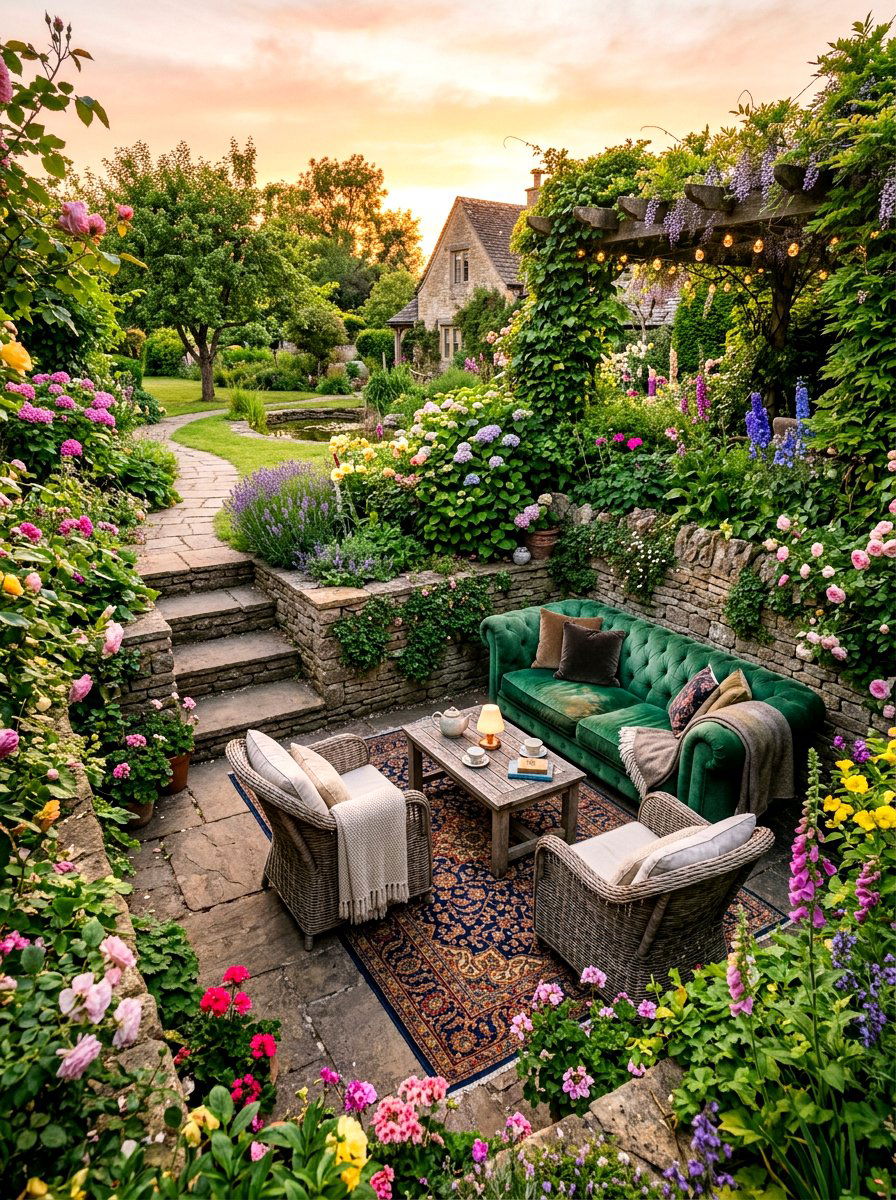 Sunken Garden Lounge Area - 30 cottage garden wedding ideas