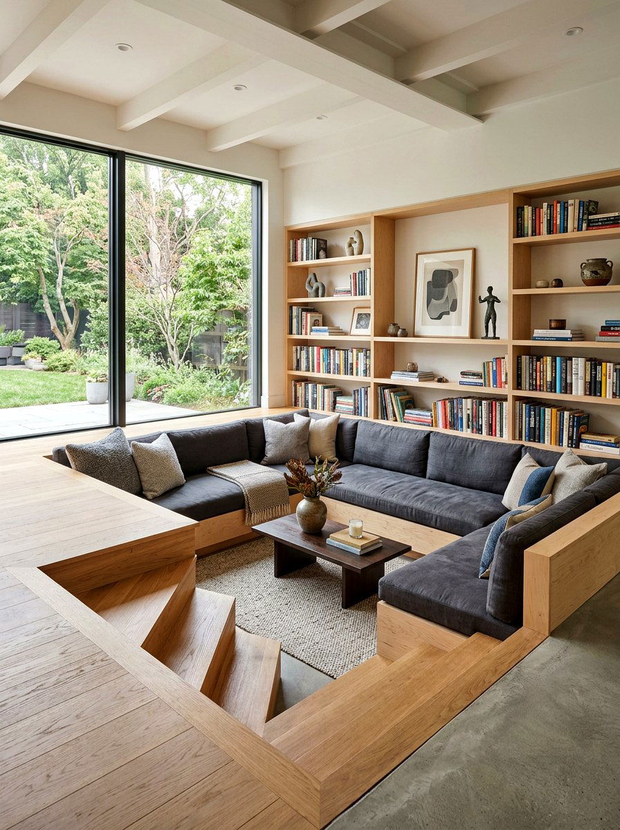 Sunken Living Room With Built In Shelves - 30 conversation pit living room ideas
