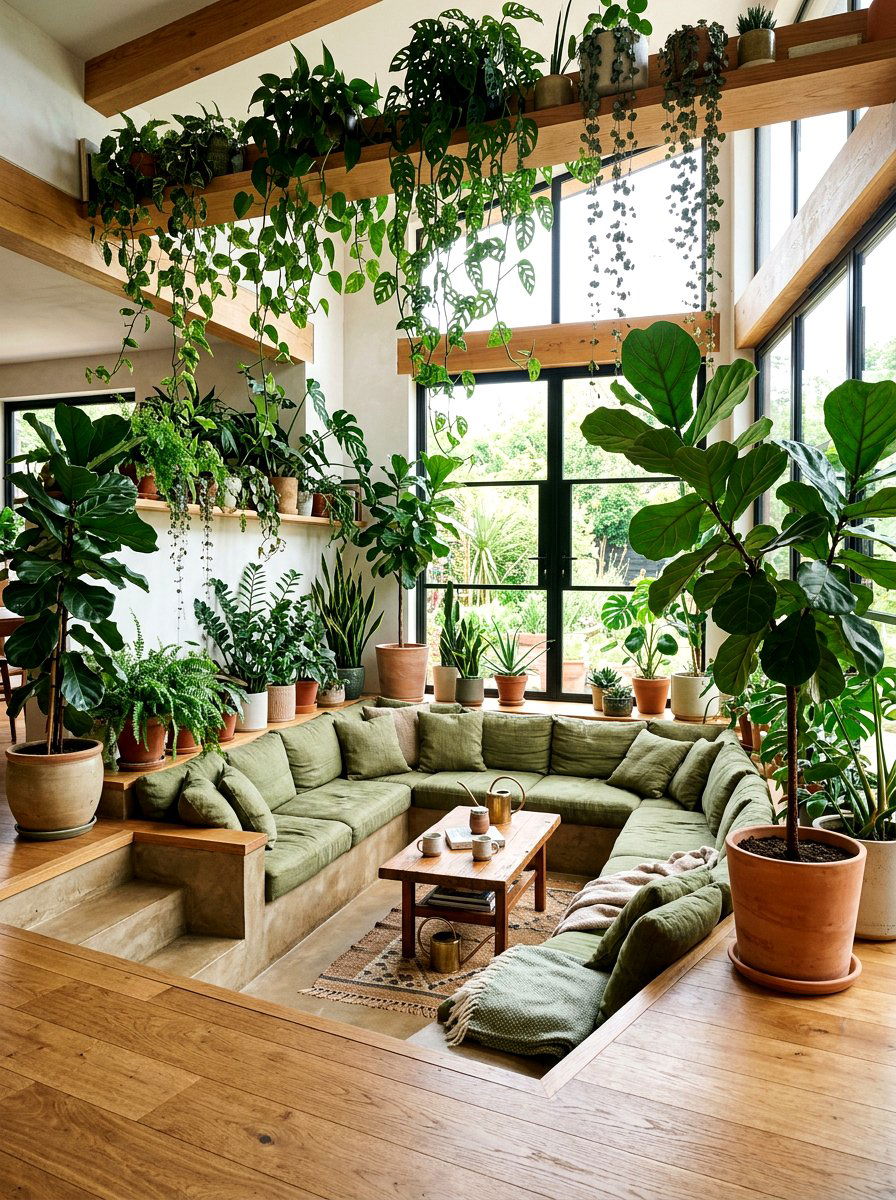 Sunken Living Room With Indoor Plants - 30 conversation pit living room ideas