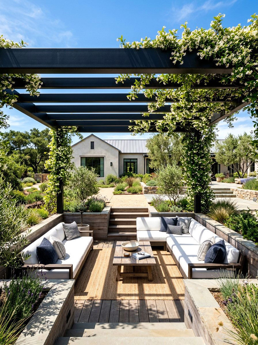 Sunken Lounge with Pergola - 30 sunken backyard seating ideas