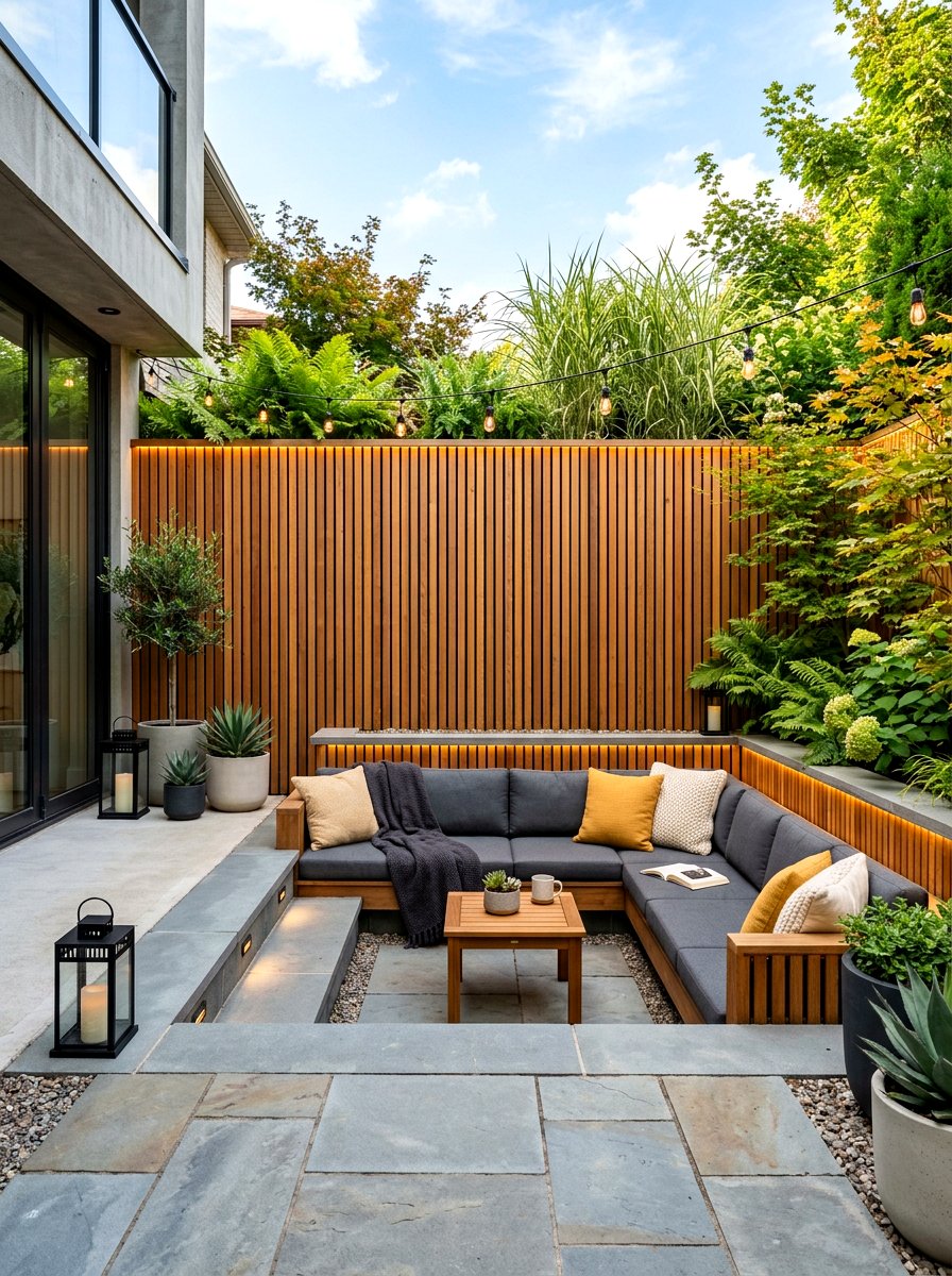 Sunken Pit Privacy Wall - 30 conversation pit backyard ideas