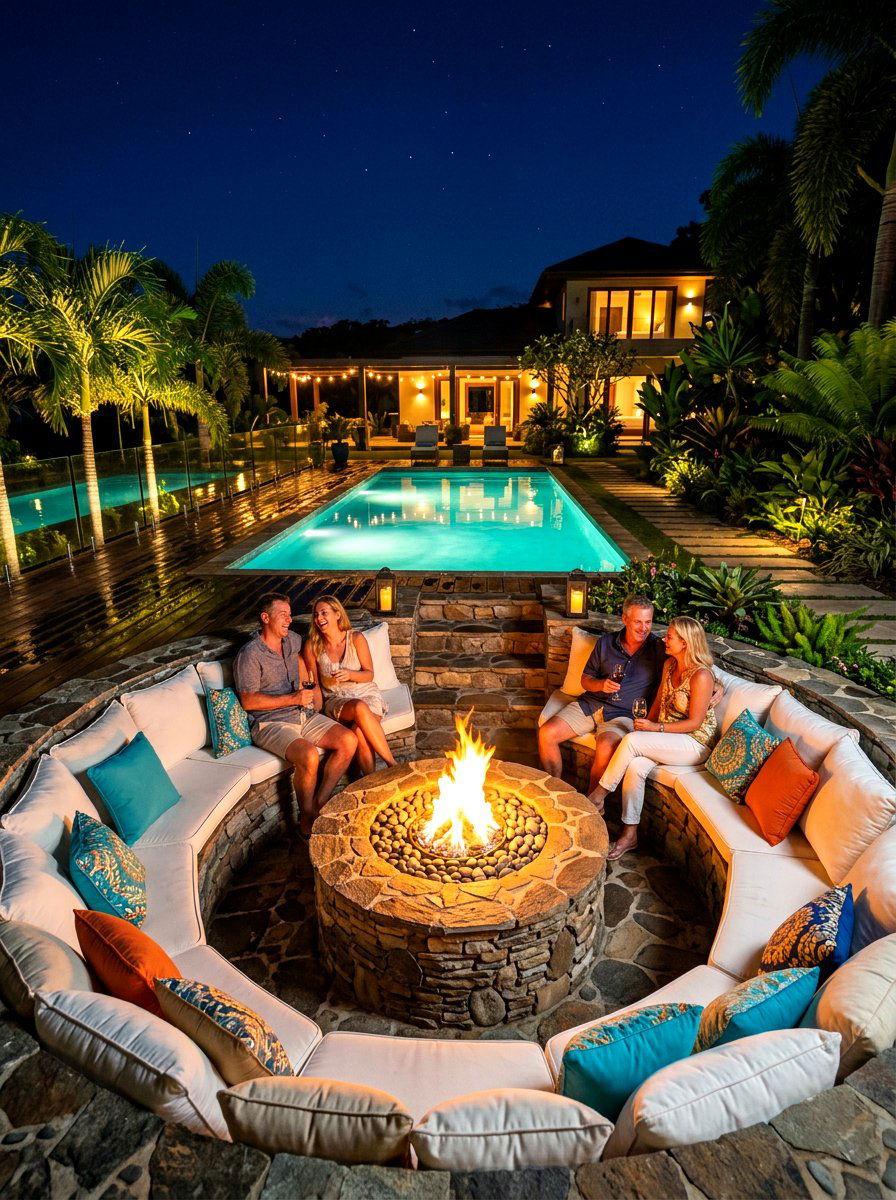 Sunken Poolside Lounge Firepit - 30 pool house lounge backyard ideas