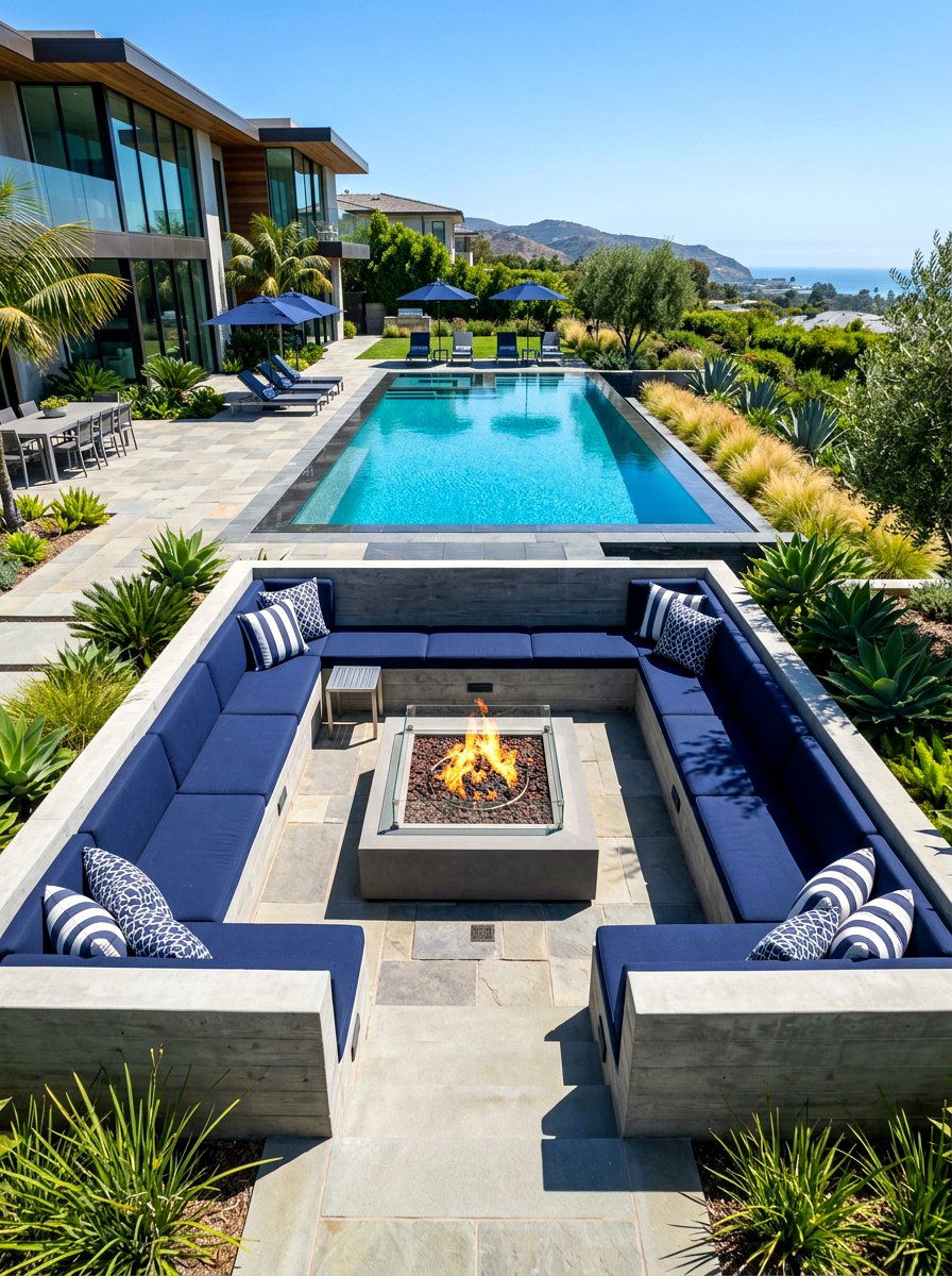 Sunken Seating Area - 30 built in bench backyard ideas