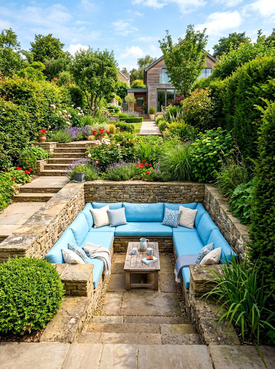 Sunken Seating Nook - 30 tiered backyard ideas