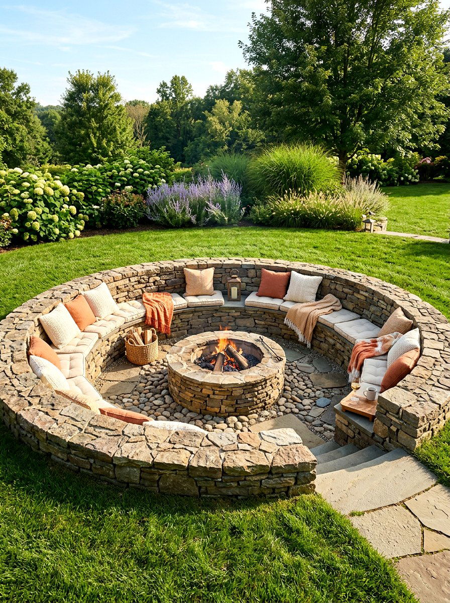 Sunken Stone Fire Pit Lounge - 30 fire lounge backyard ideas