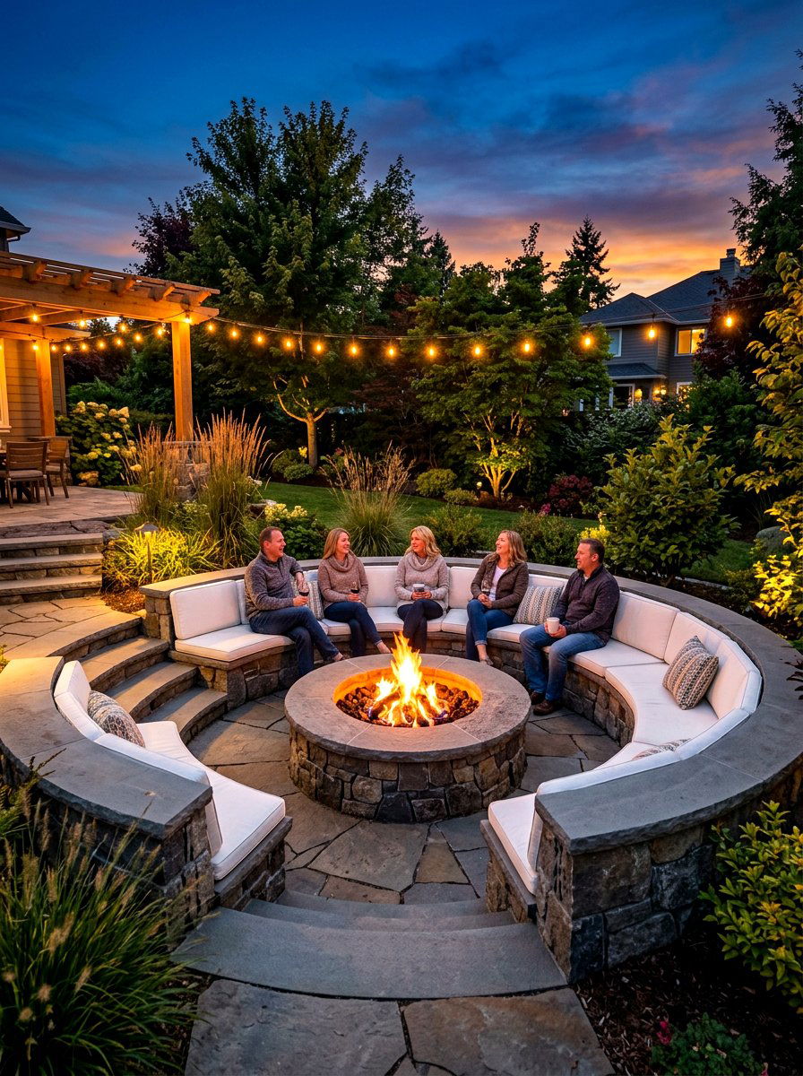 Sunken fire pit - 30 split level backyard ideas