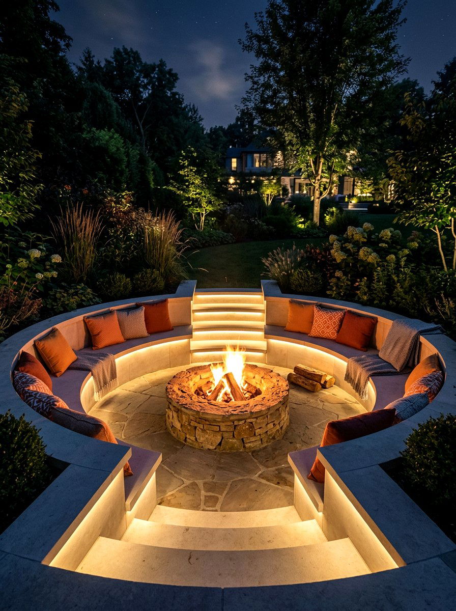 Sunken fire pit lounge - 30 patio fireplace lounge ideas