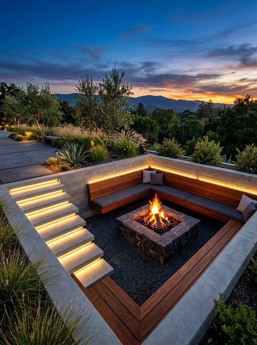Sunken fire pit zone - 30 backyard fireplace seating ideas