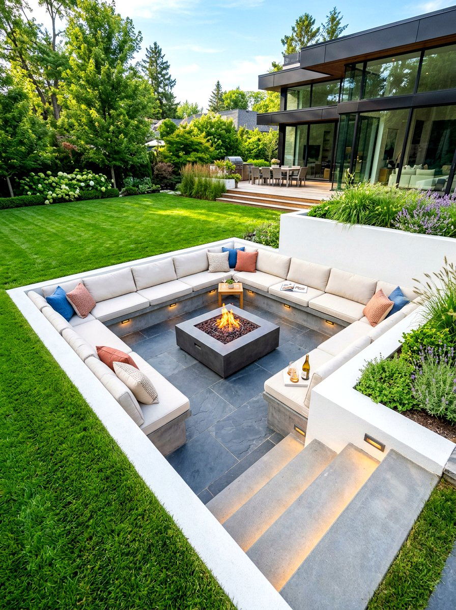 Sunken patio lounge - 30 gas fire lounge patio ideas