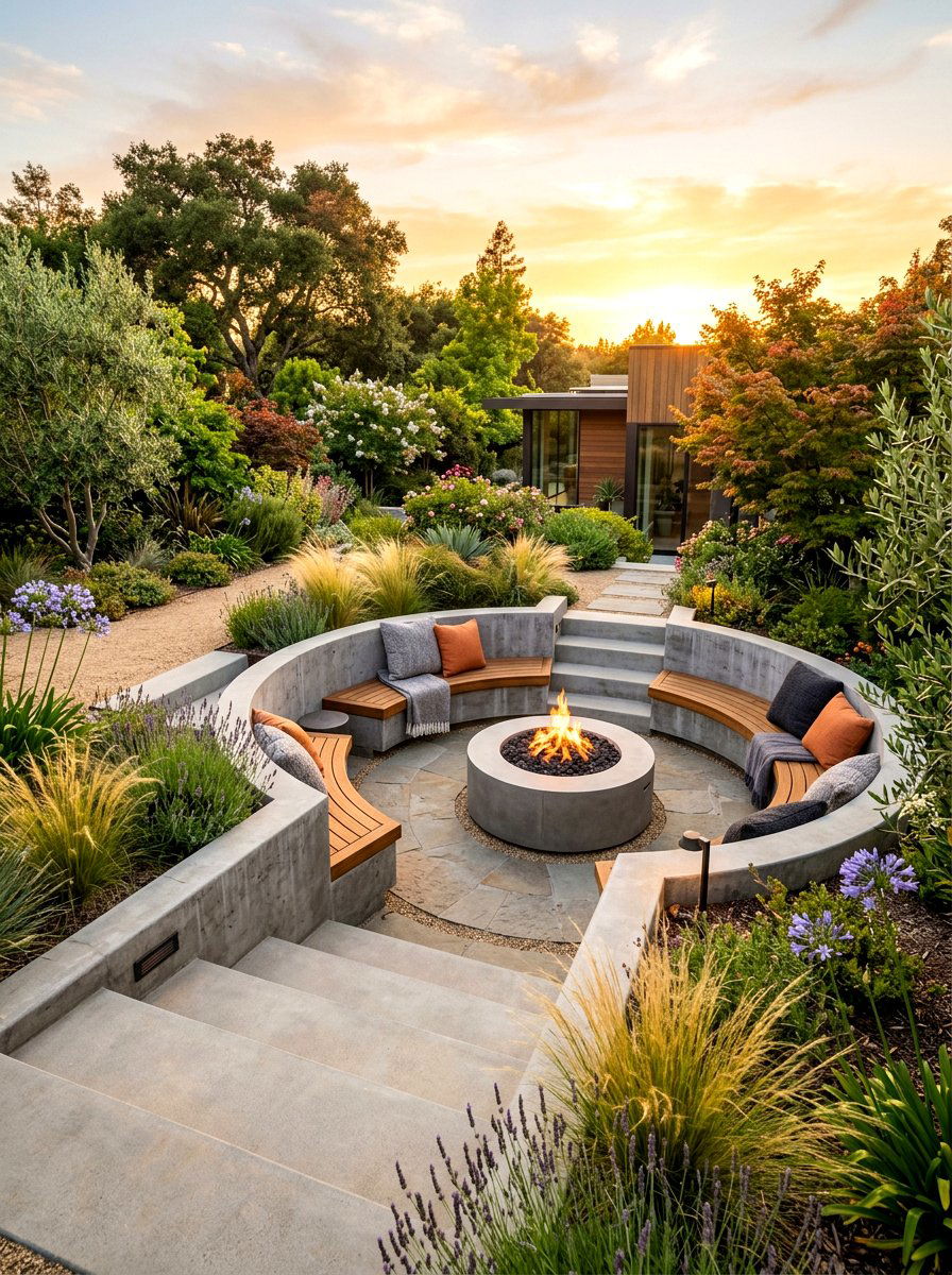 Sunken patio seating area - 30 long narrow backyard ideas