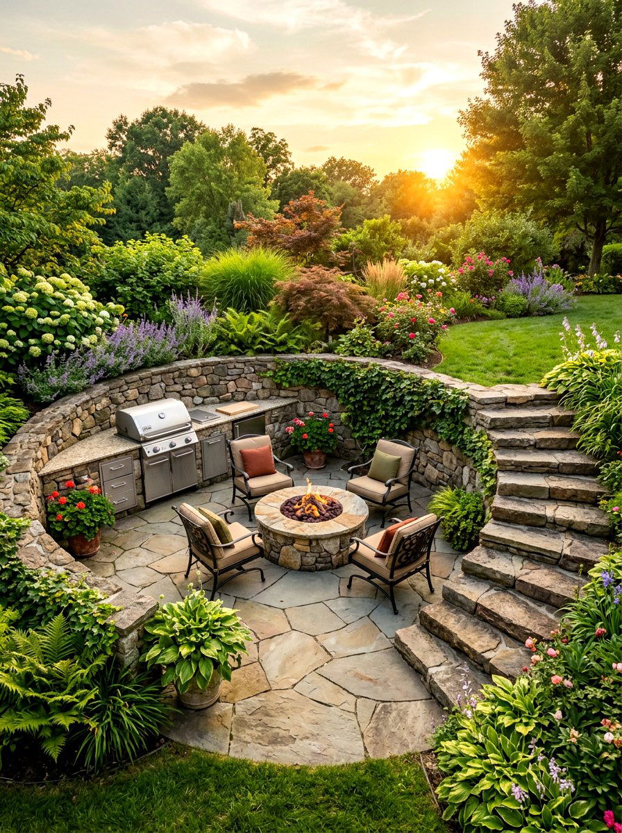 Sunken patio with grill - 30 family BBQ patio ideas