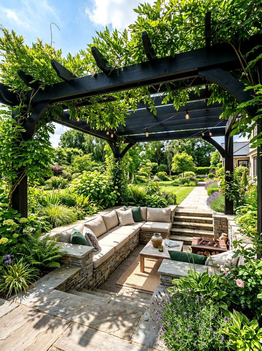 Sunken pit under pergola - 30 sunken conversation pit ideas