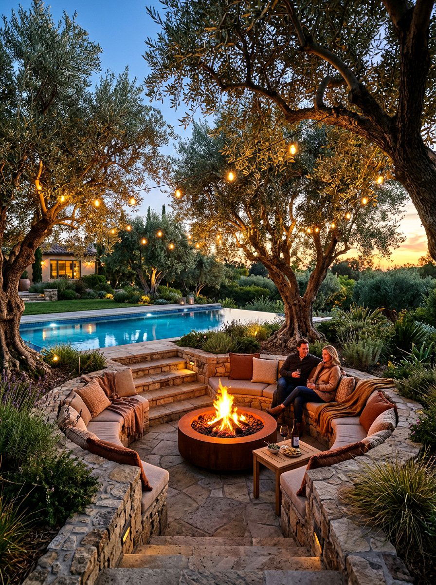 Sunken pool lounge with olive trees - 30 poolside olive trees ideas