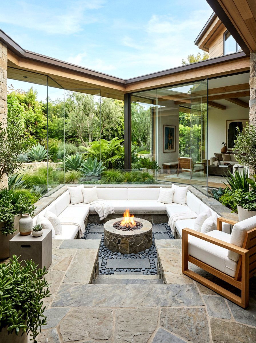 Sunken seating courtyard - 30 indoor courtyard home ideas