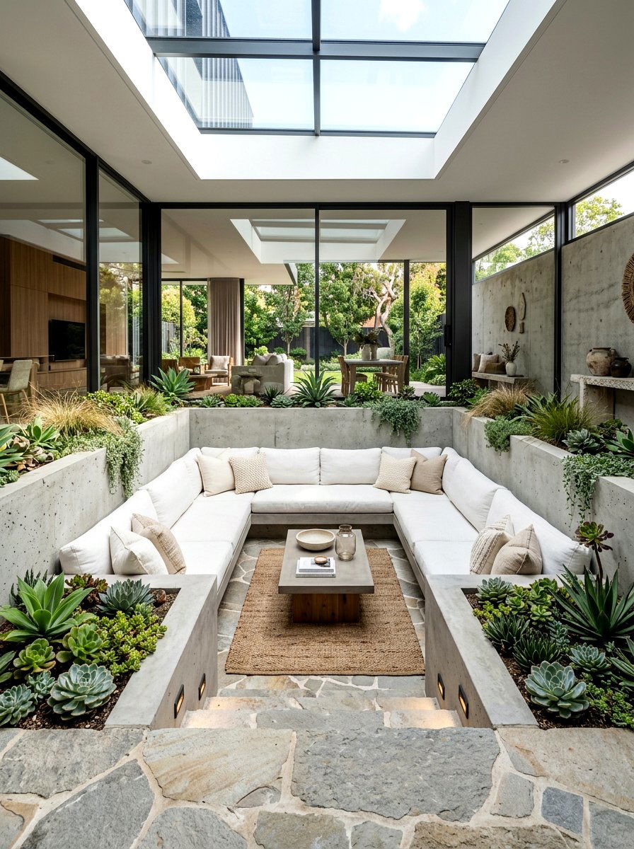 Sunken seating courtyard - 30 indoor courtyard garden ideas