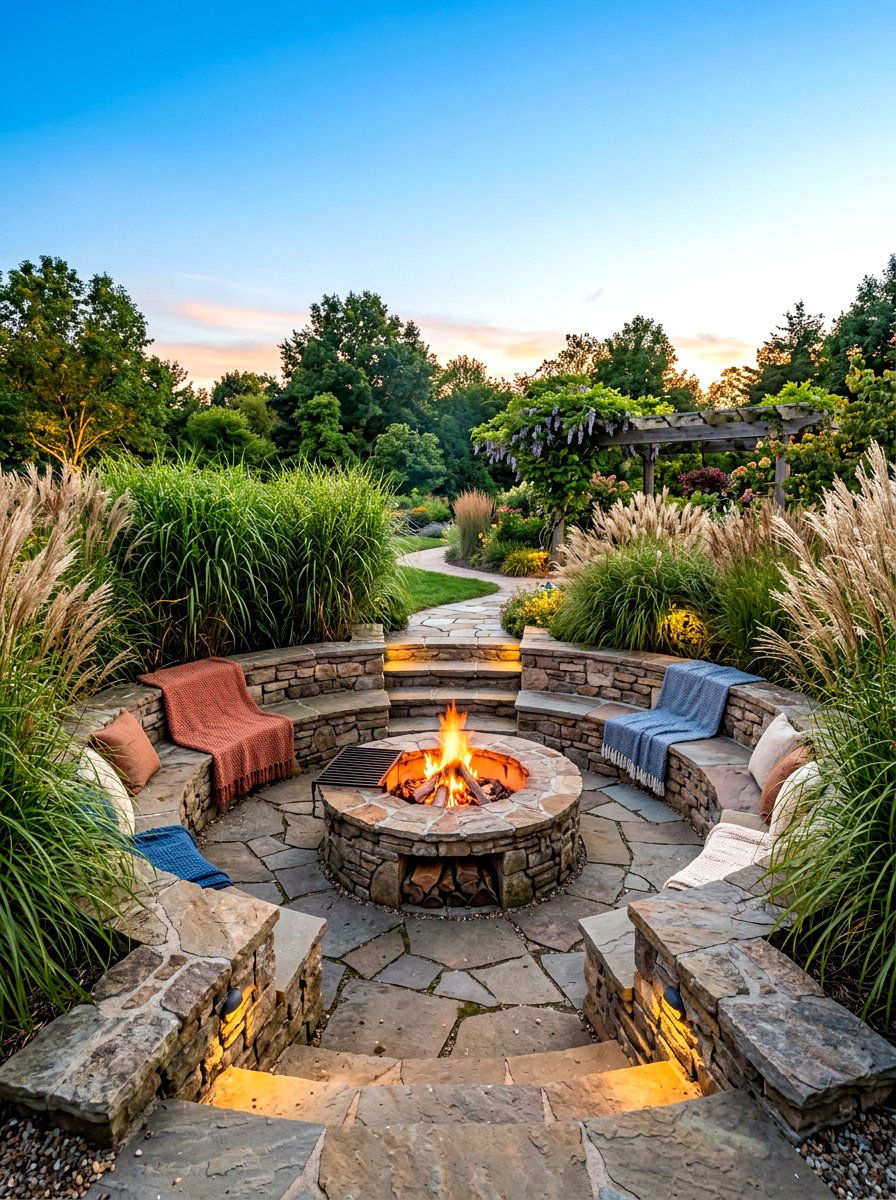 Sunken stone fire pit area - 30 cottagecore garden ideas