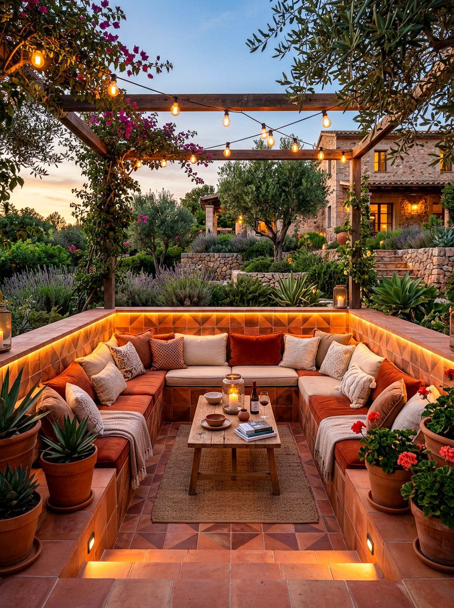 Sunken terracotta patio lounge - 30 terracotta patio ideas