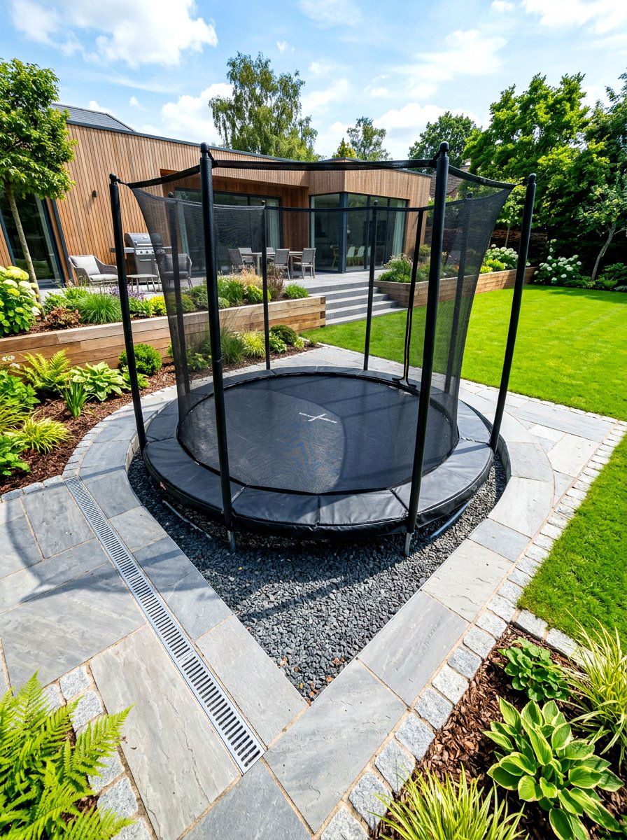 Sunken trampoline drainage - 30 trampoline landscaping ideas