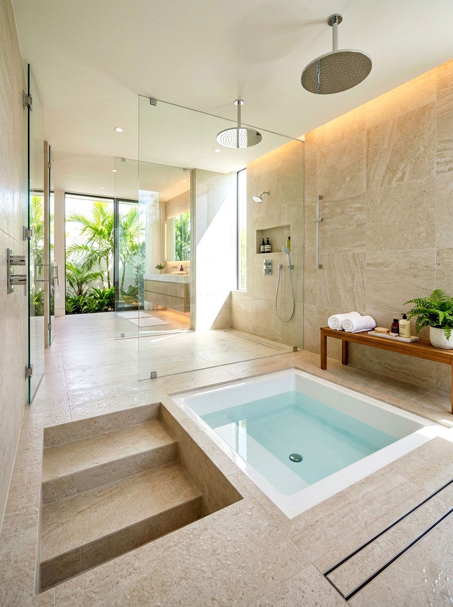 Sunken tub and shower combo - 30 spa shower bathroom ideas