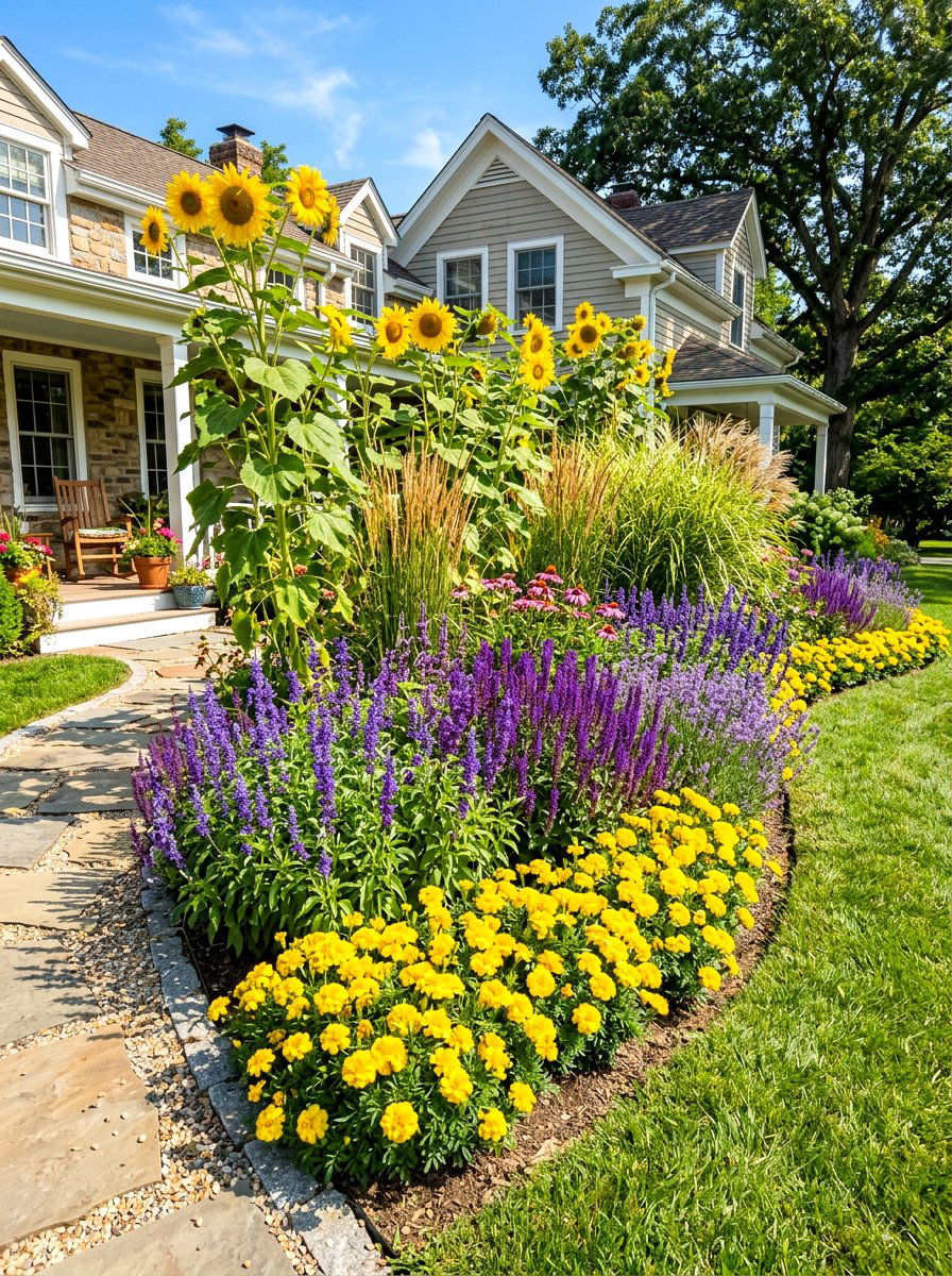 Sunny Front Yard Layered Border - 30 layered front yard landscaping ideas