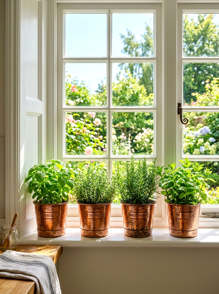 Sunny Windowsill With Copper Herb Planters - 30 copper kitchen accent ideas