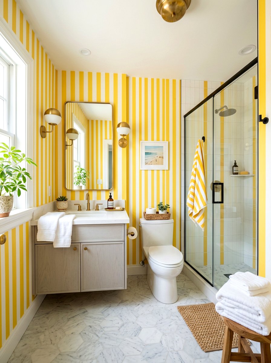 Sunny Yellow Striped Bathroom - 30 striped bathroom wallpaper ideas