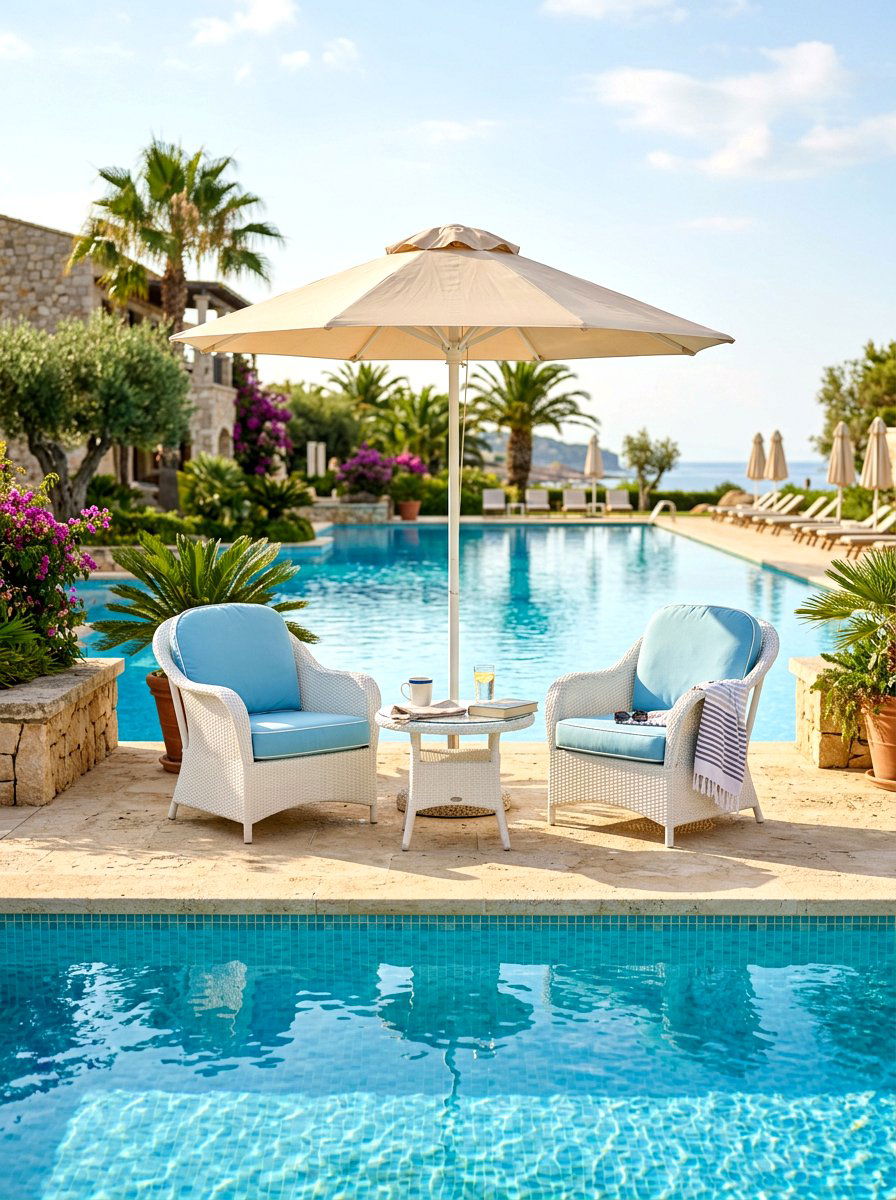 Sunny poolside morning nook - 30 patio breakfast area ideas