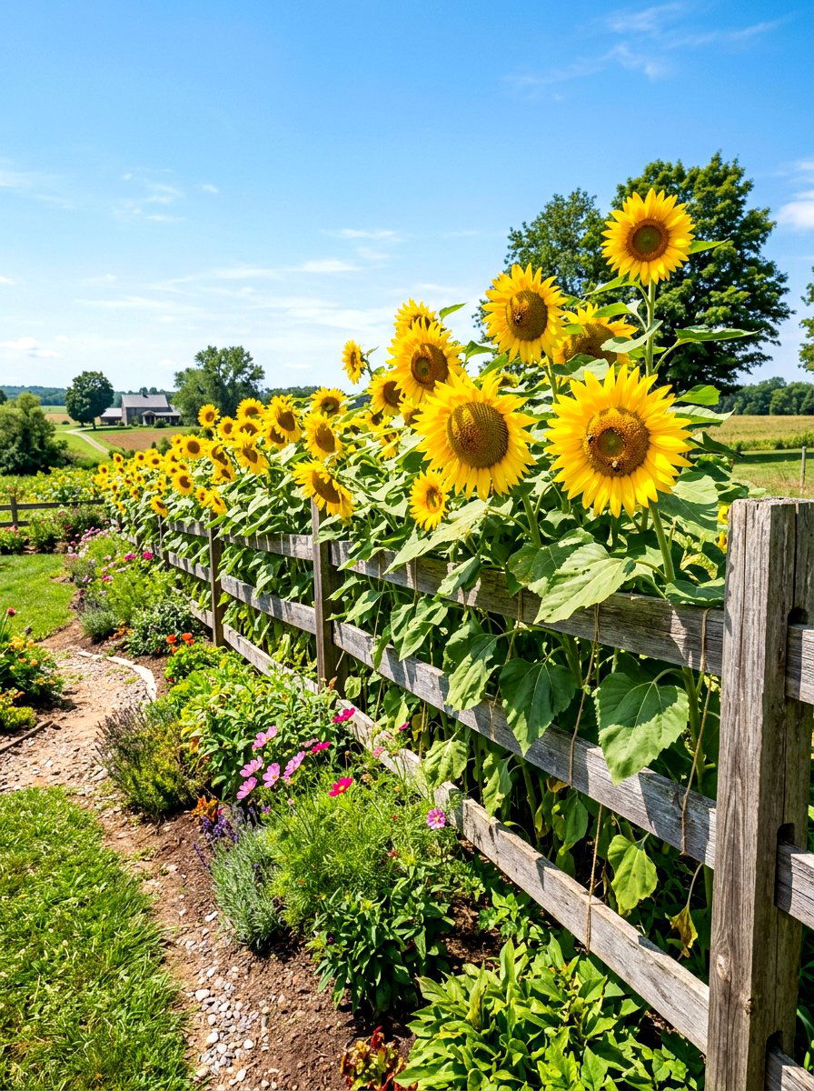 Sunny sunflower wall border - 30 border planting ideas along fence