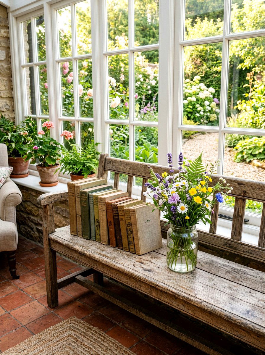Sunroom Bench With Vintage Book And Flower Arrangement - 30 vintage book decor ideas