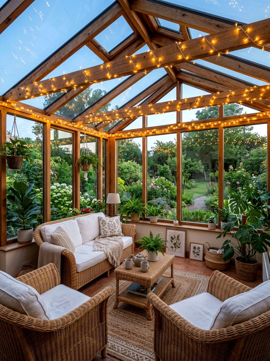 Sunroom Fairy Light Draping - 30 fairy light canopy ideas