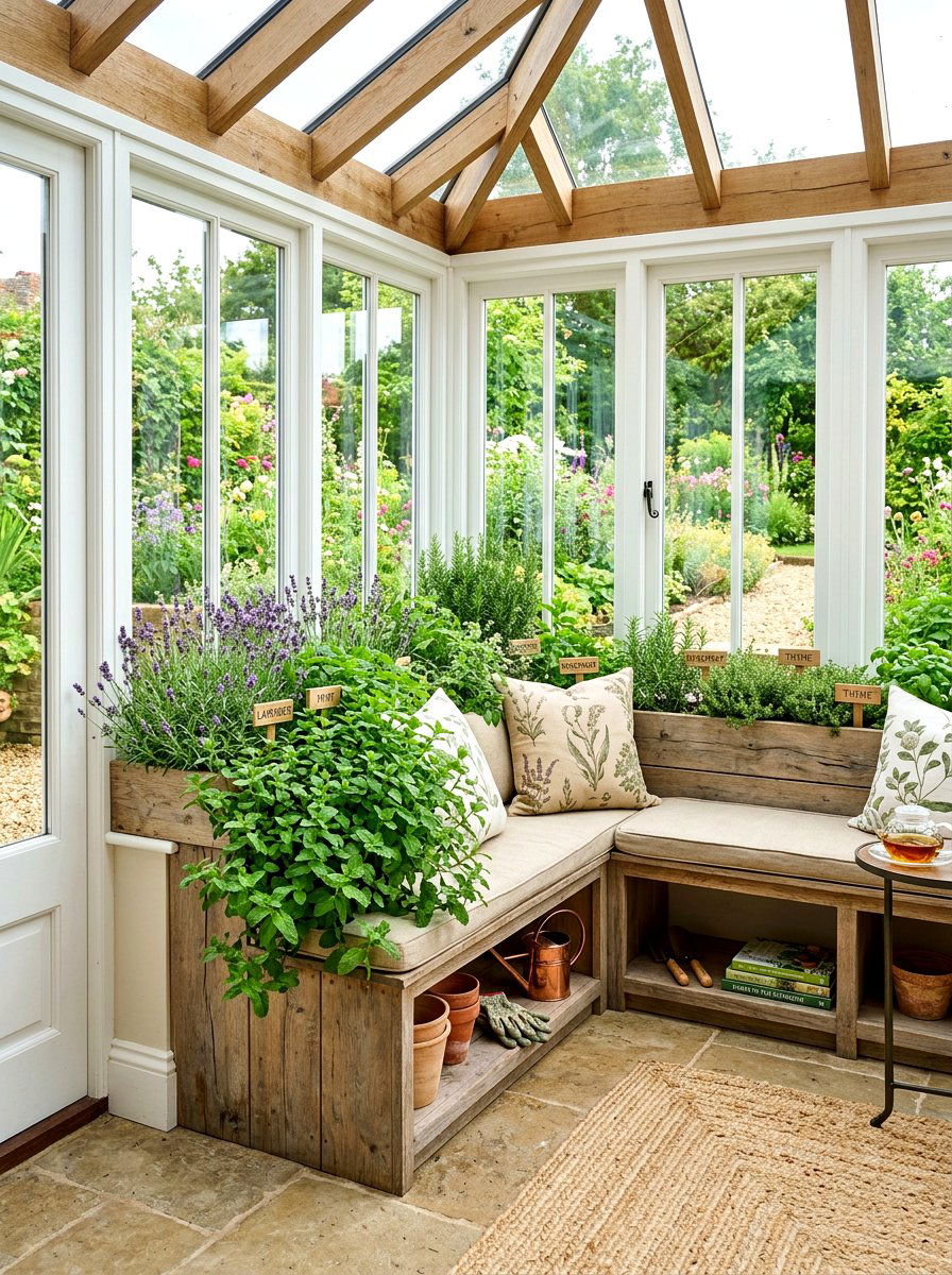 Sunroom Herb Garden Bench - 30 indoor herb garden ideas