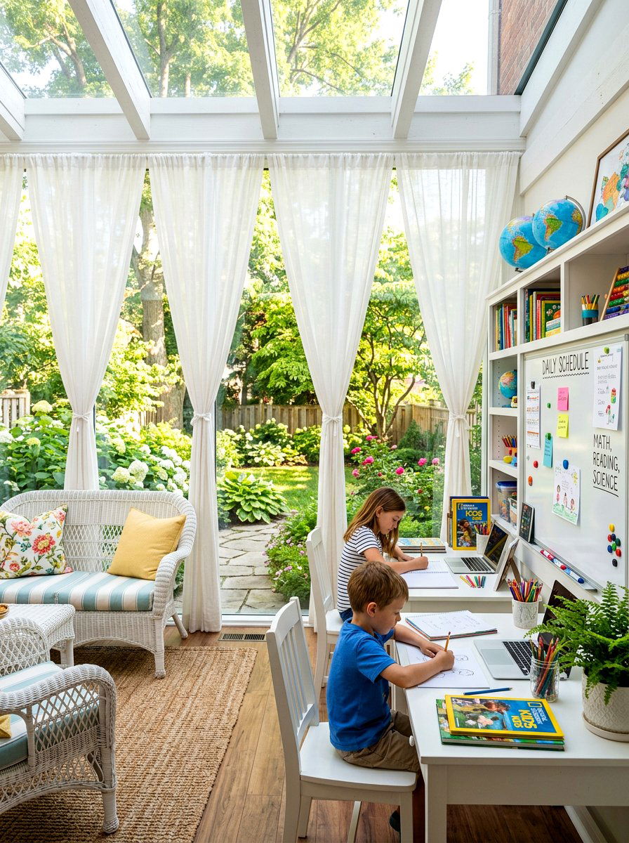 Sunroom Homeschool Setup - 30 home schoolroom ideas