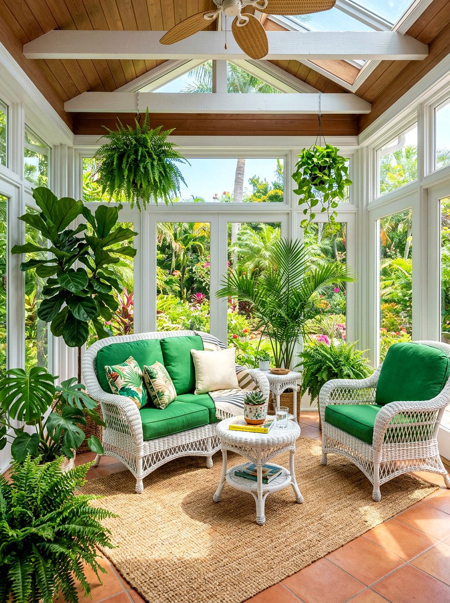 Sunroom Loveseat and Wicker Chair Arrangement - 30 loveseat and chair layout ideas