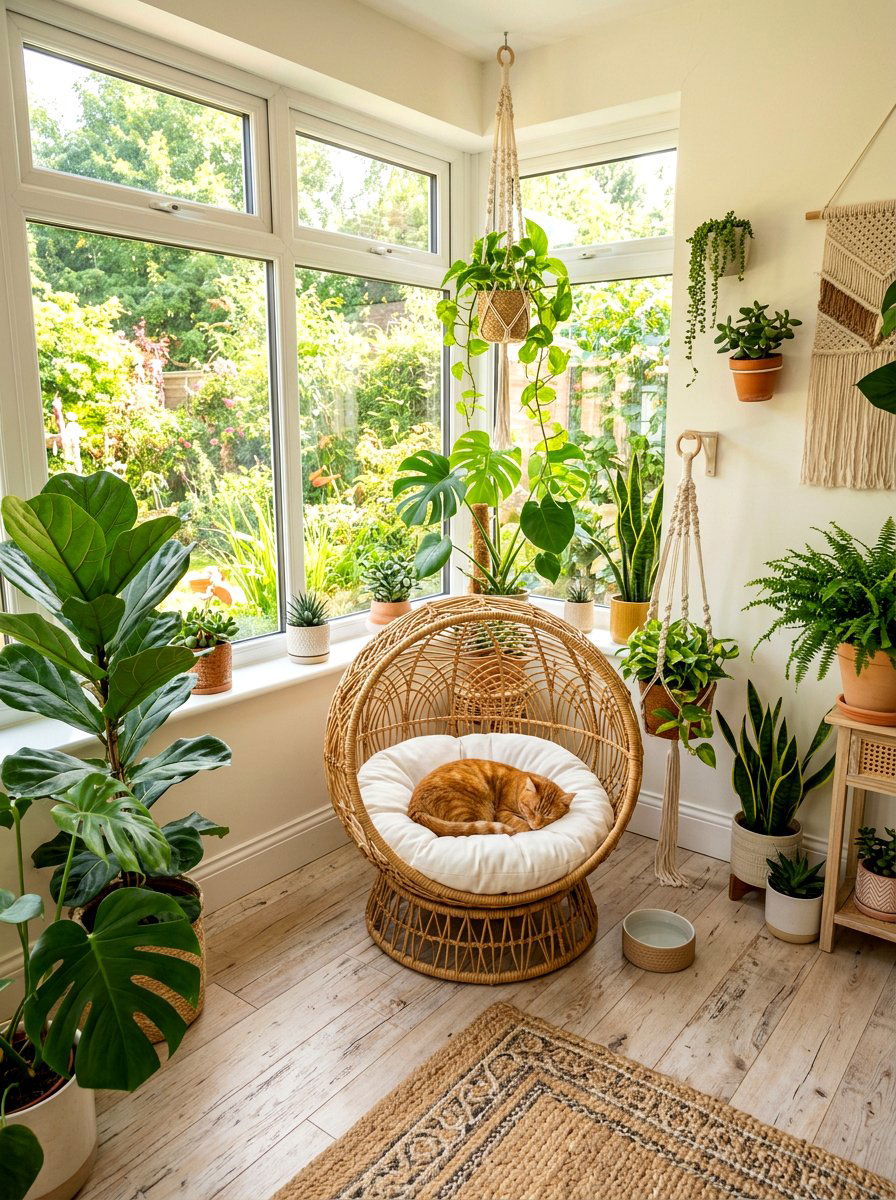 Sunroom Rattan Pet Nook - 30 pet bed nook ideas