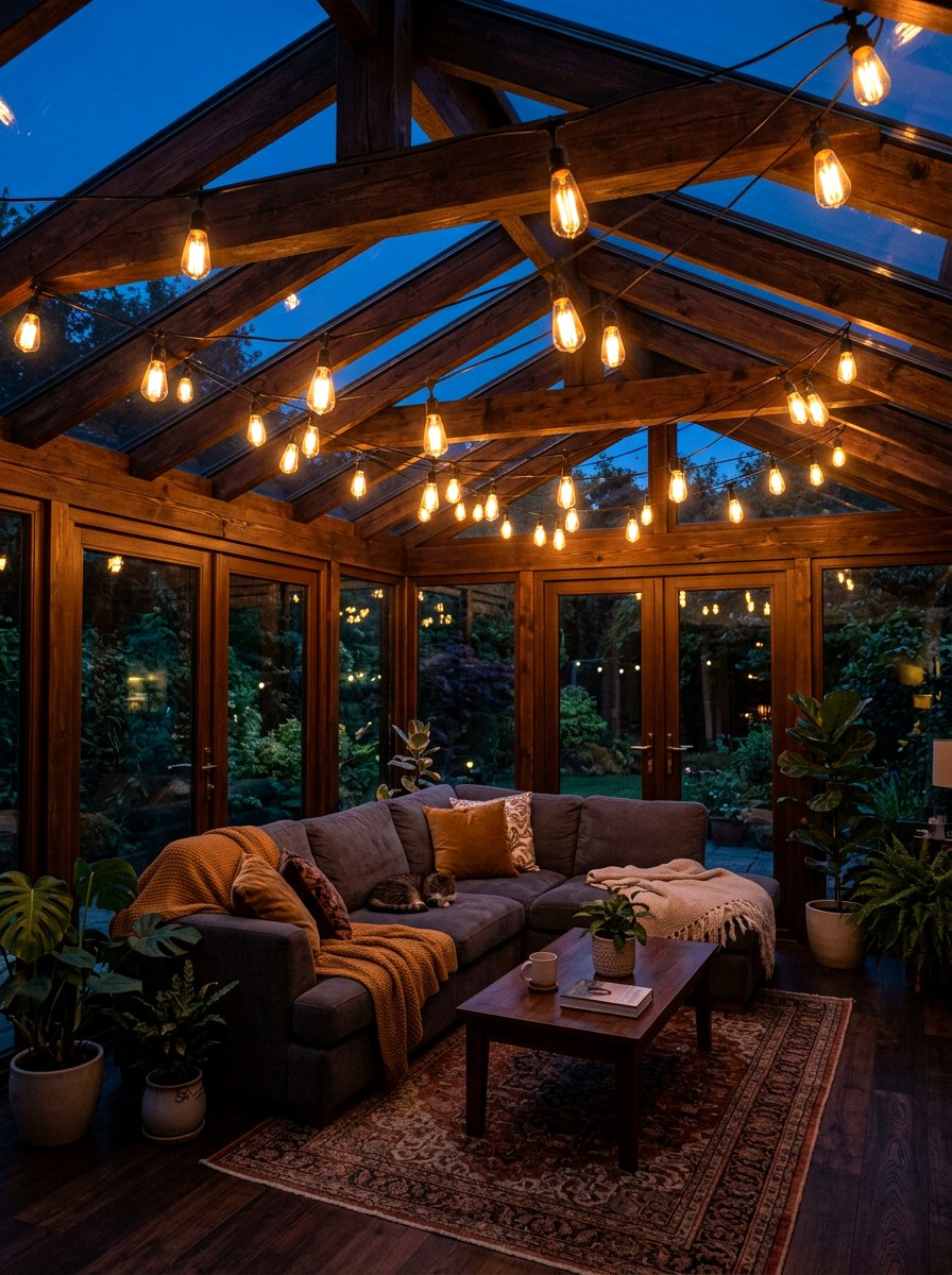 Sunroom String Lights - 30 cozy sunroom ideas