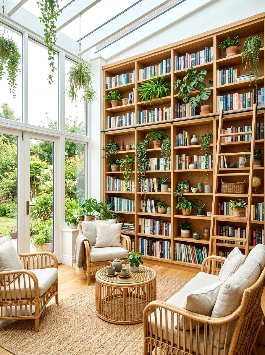 Sunroom botanical library wall - 30 library ladder ideas