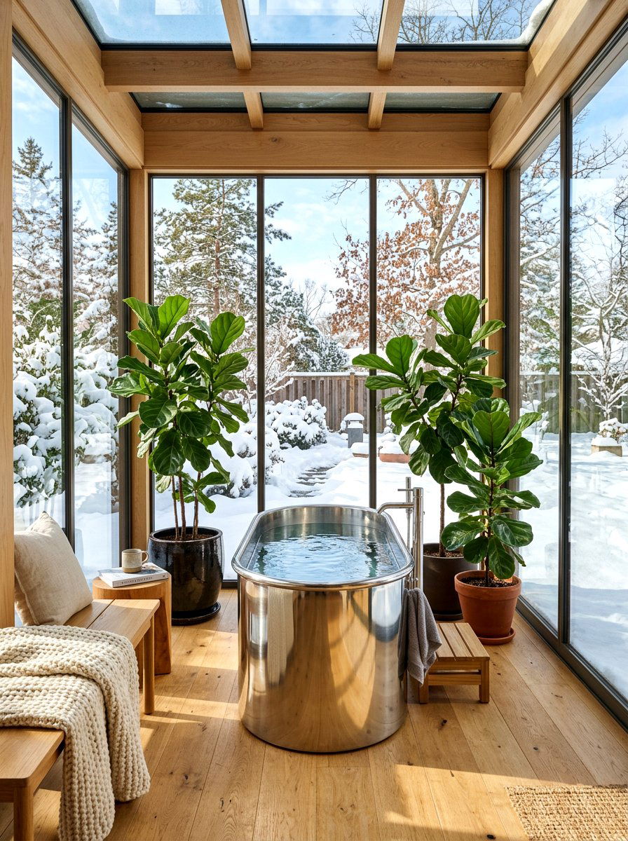 Sunroom cold plunge retreat - 30 cold plunge room ideas