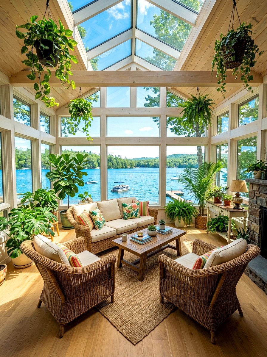Sunroom hybrid lake house - 30 lake house living room ideas