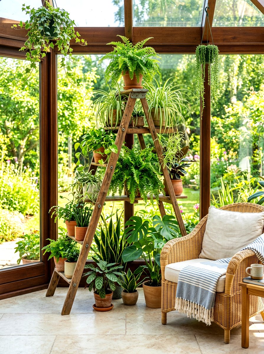 Sunroom plant ladder - 30 decorative ladder ideas