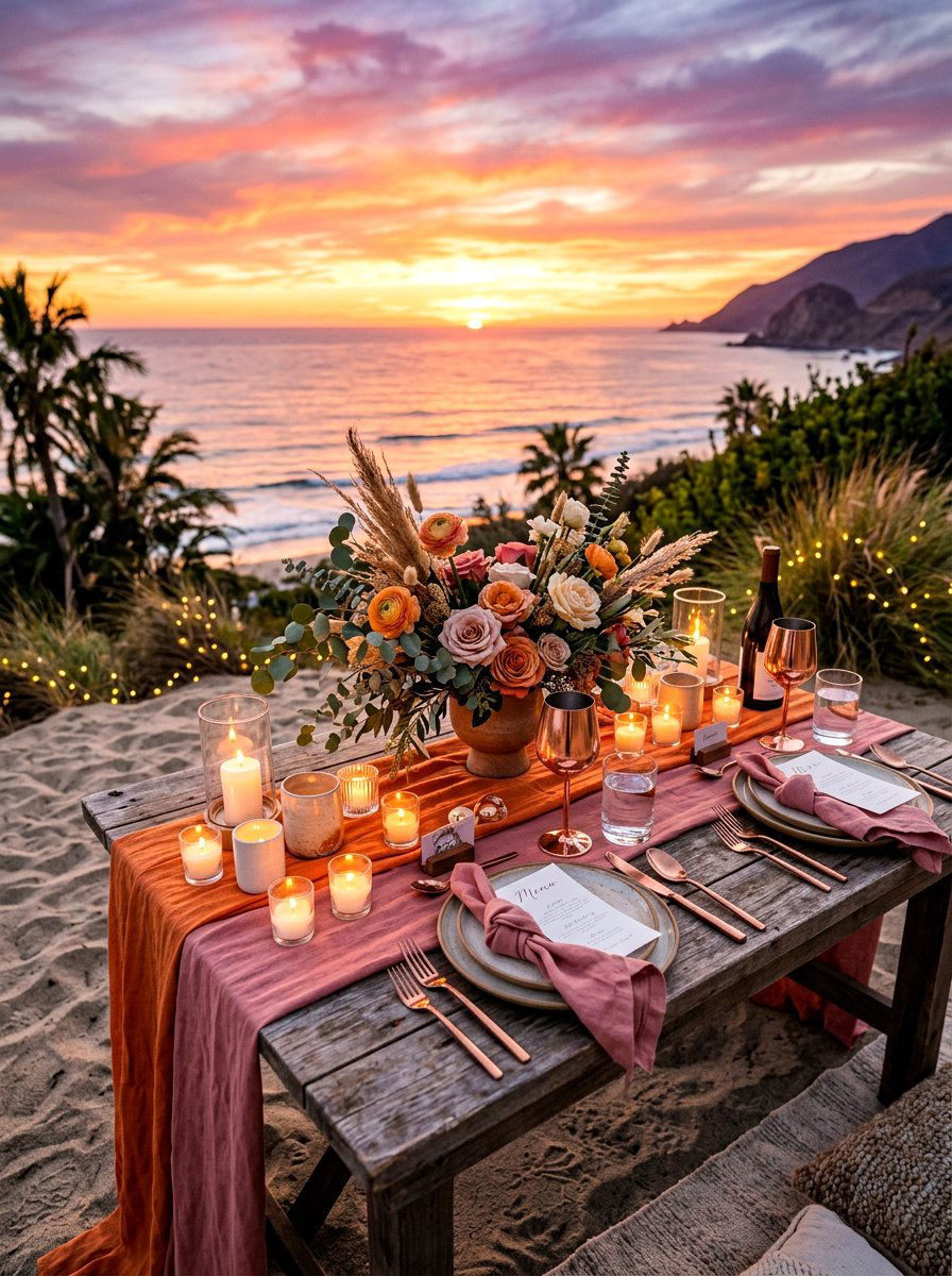 Sunset Beach Table Arrangement - 30 seafood dinner table ideas aesthetic