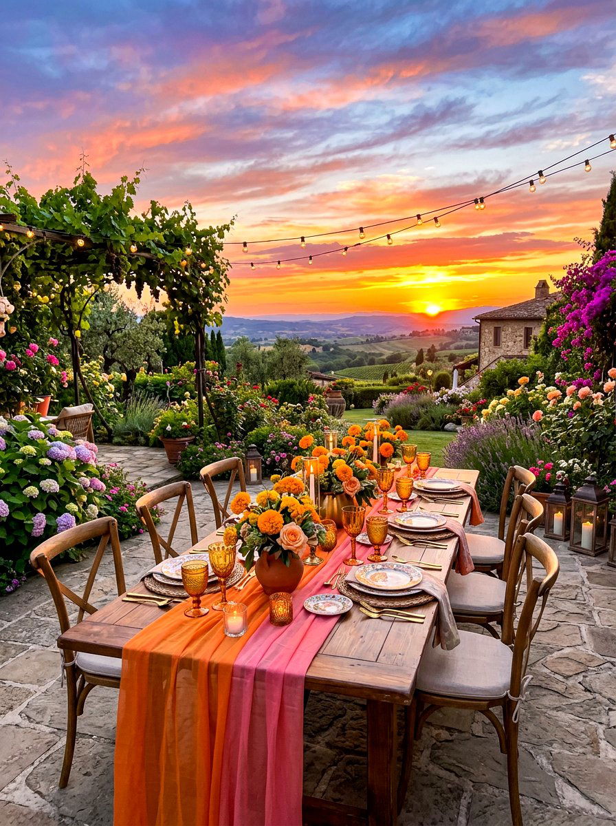 Sunset Color Outdoor Dining - 30 garden party tablescape ideas