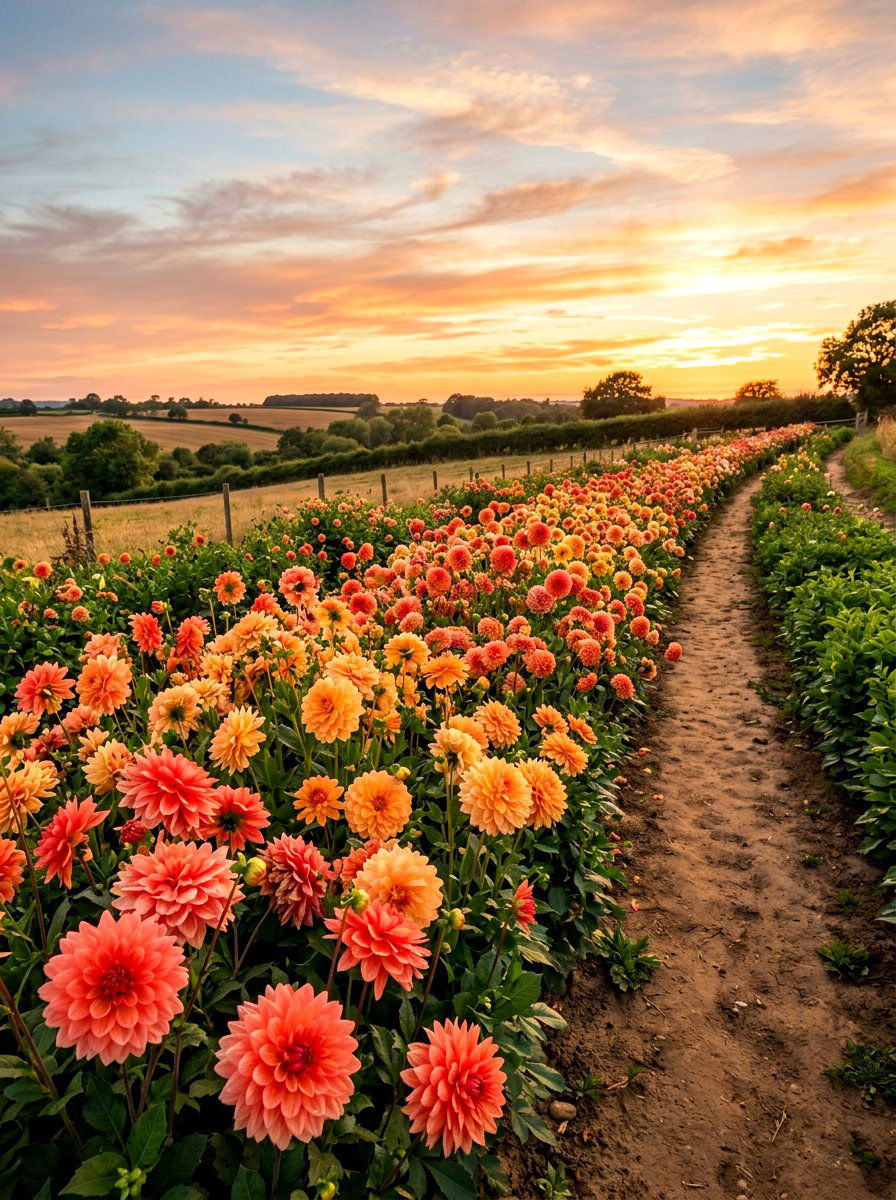 Sunset Colored Dahlia Row - 30 dahlia garden ideas