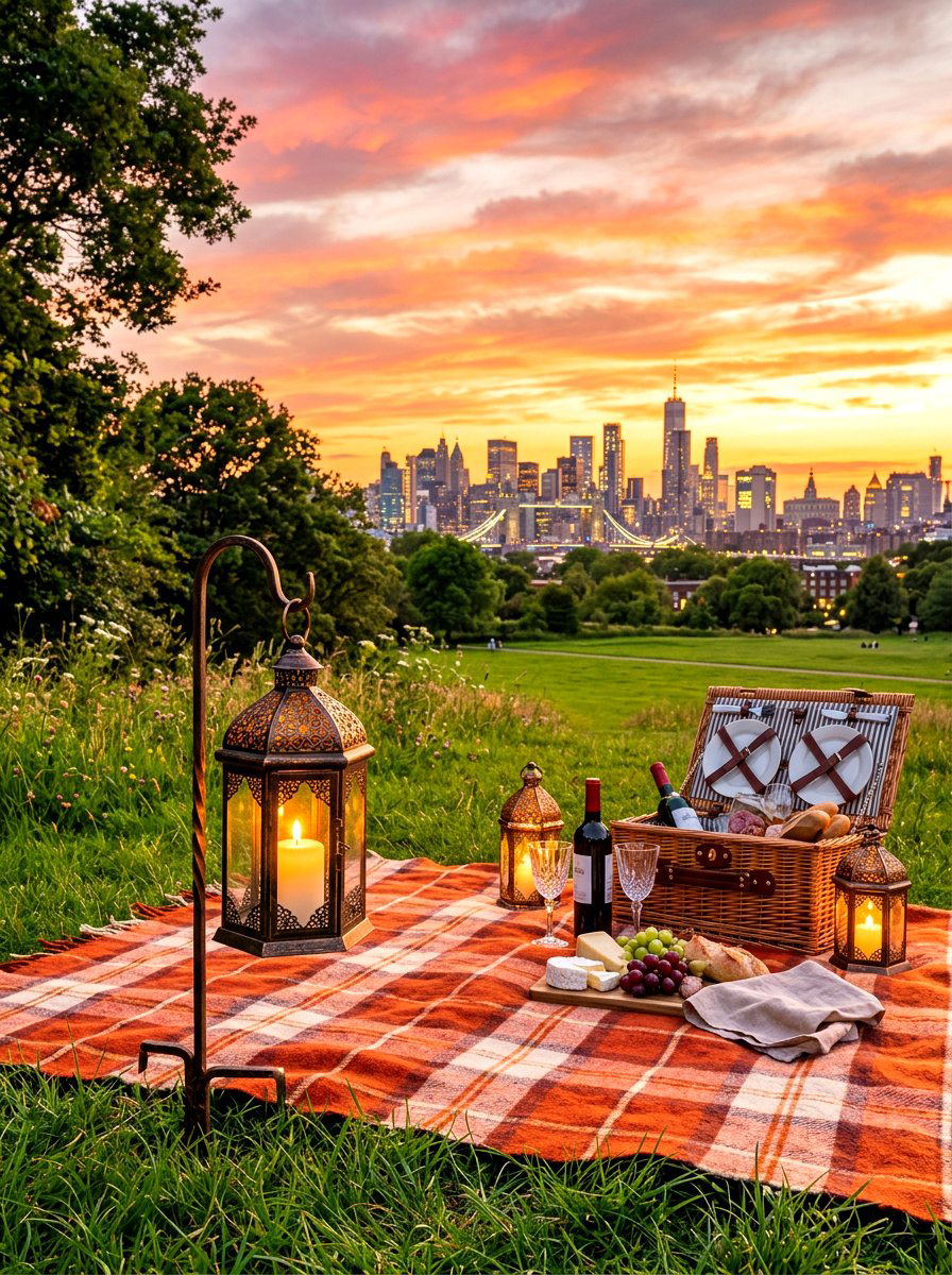 Sunset Picnic With Lantern Anchors - 30 picnic blanket corner ideas