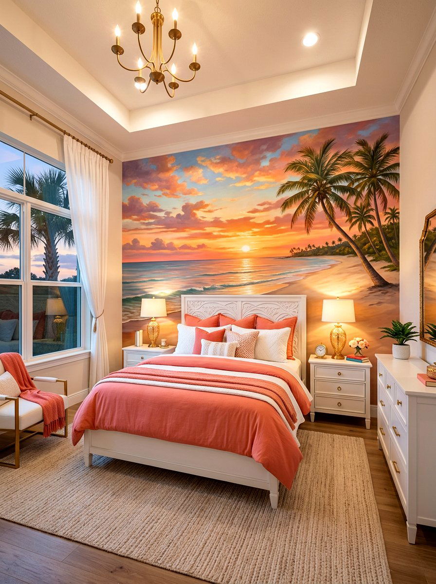Sunset beach wall mural - 30 landscape mural bedroom ideas