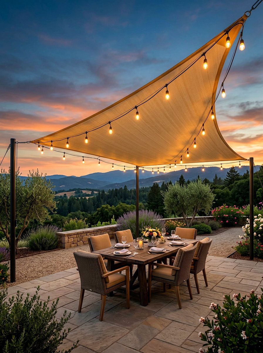 Sunshade Sail String Lights - 30 bistro lights patio ideas