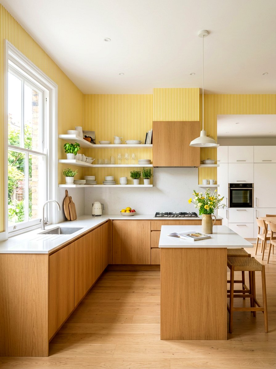 Sunshine yellow thin striped kitchen - 30 striped kitchen wallpaper ideas